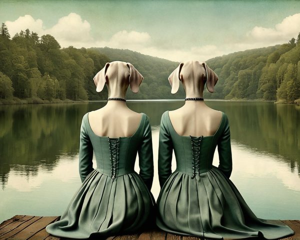 Figures with Dog Heads by a Serene Lake