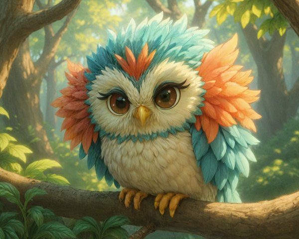 Brightly Colored Owl Perched in Lush Forest Setting