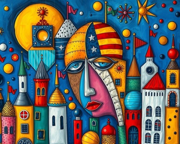 Whimsical Landscape with Colorful Buildings and Faces