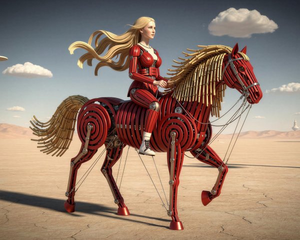 Blonde Woman in Red Suit Riding Mechanical Horse in Desert