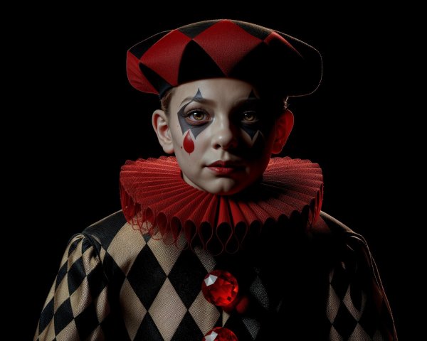 Young Clown in Black and Gold Harlequin Costume