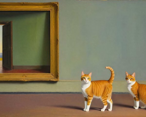 Hyperrealistic Oil Painting of Tabby Cats on Brown Floor