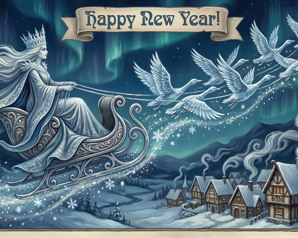 Snow Queen on Sleigh with Geese Under Northern Lights