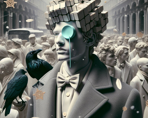 Surreal Monochromatic Crowd with Central Figure and Raven