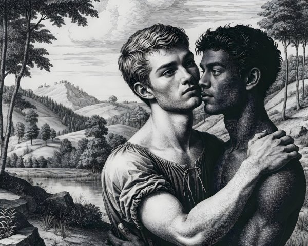 Young men embrace by a serene lakeside setting