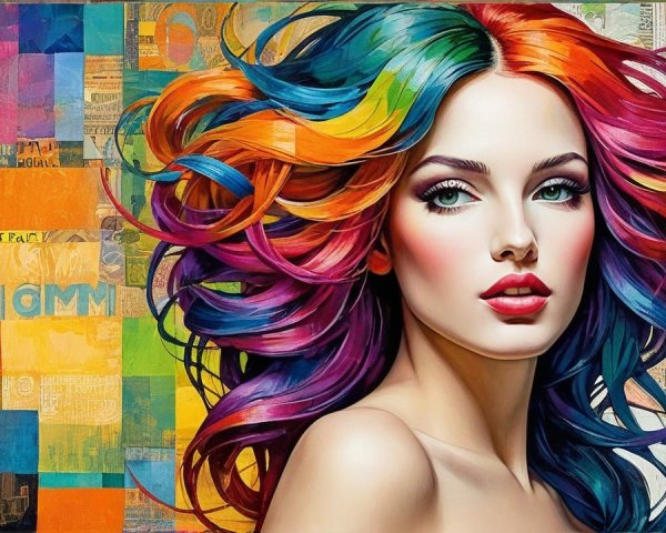 Portrait of a Woman with Multicolored Hair and Geometric Background