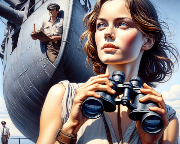 Young Woman with Binoculars on Ship at Sea