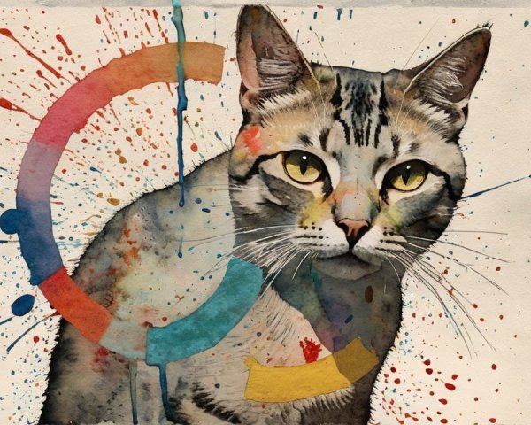 Vibrant Cat Illustration with Abstract Background