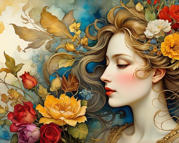 Stylized portrait of a woman with floral elements