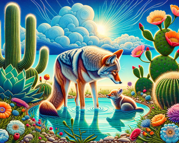 Desert Scene with Coyote and Colorful Flora