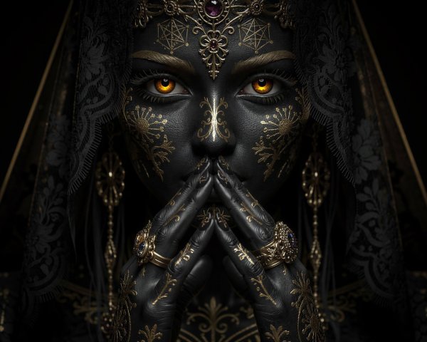 Close-Up Portrait of Woman with Gold Patterns and Rings