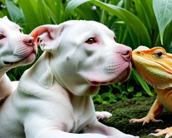 Puppies and Bearded Dragon in a Lush Garden Setting
