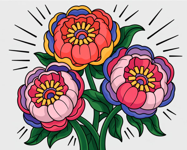 Vibrant Illustration of Three Stylized Flowers