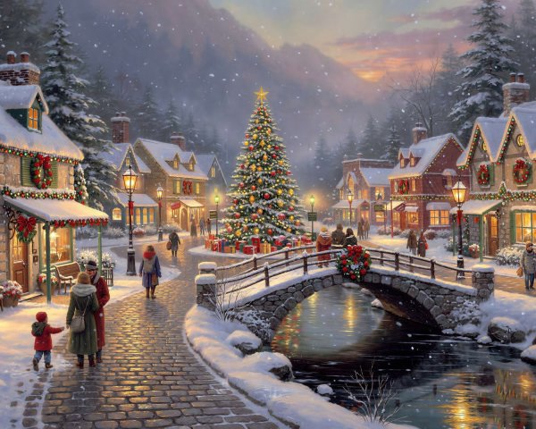 Traditional Winter Christmas Oil Painting of Snowy Village