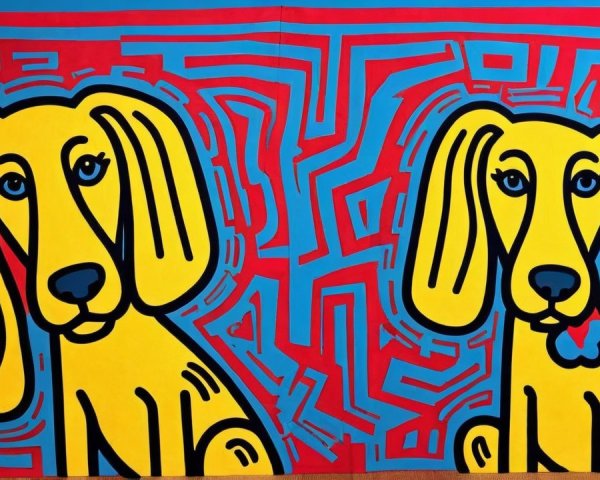 Vibrant Cartoon Yellow Dogs on Bold Maze Background