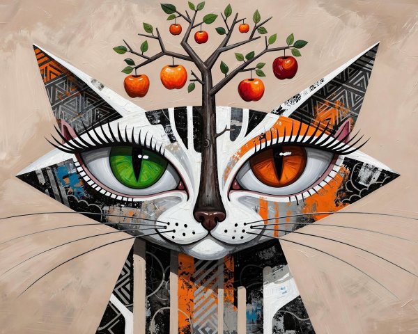 Abstract Cat with Tree on Beige Background