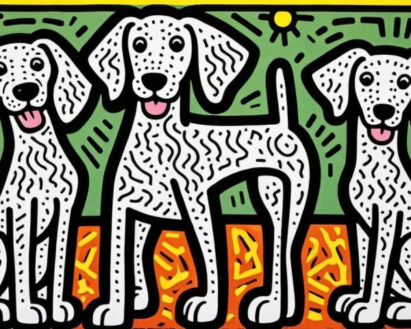 Artistic depiction of three playful dogs in vibrant colors