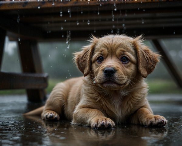 Golden Puppy on Wet Surface in Serene Outdoor Setting