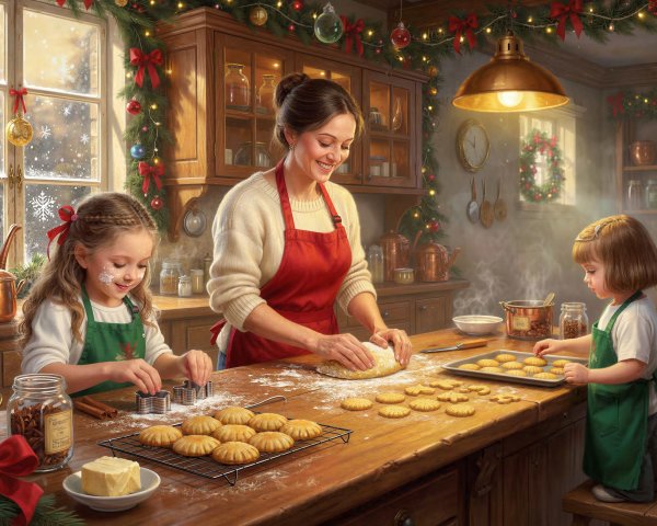 Joyful Christmas Baking Scene in Rustic Kitchen