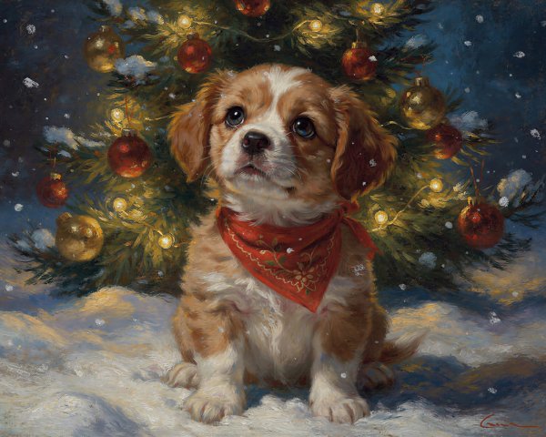 Fluffy Puppy in Snow with Christmas Tree Decorated