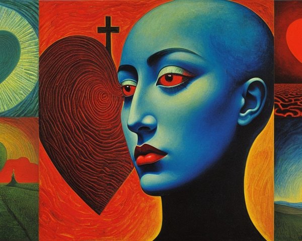 Surreal Artwork of Blue Figure Against Colorful Hearts
