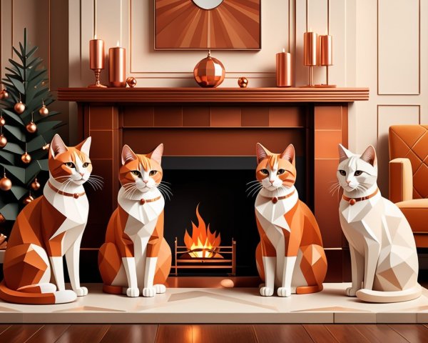Stylized Cats by a Cozy Holiday Fireplace Scene