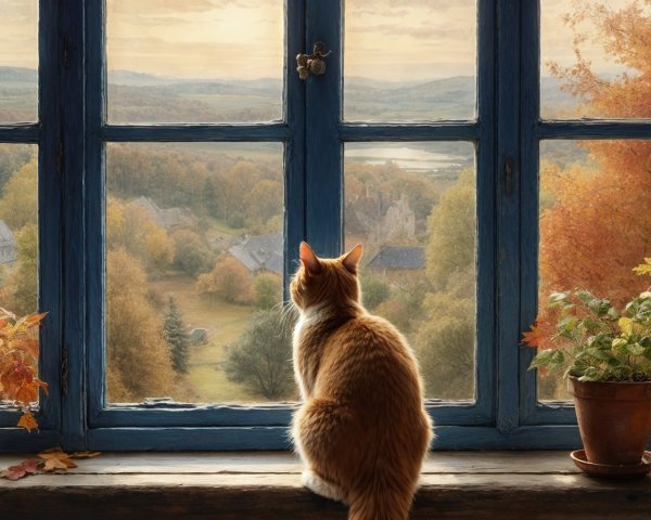 Ginger Cat on Windowsill Overlooking Autumn Landscape