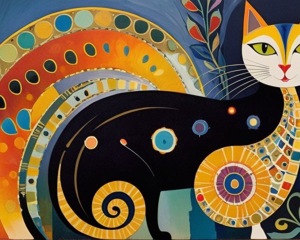 Colorful Cat with Vibrant Patterns on Blue Background