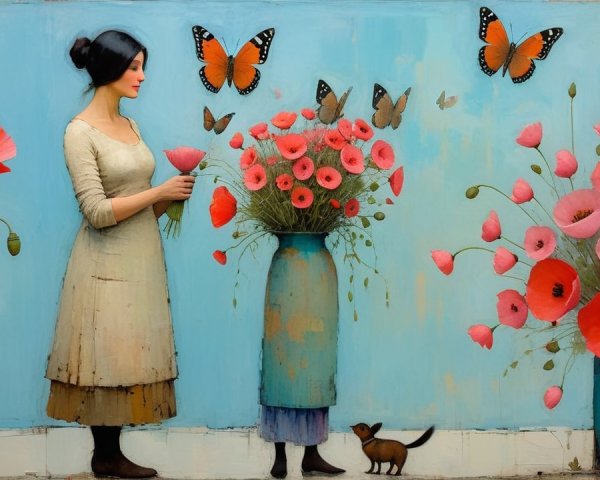 Whimsical Scene of Woman and Child with Bouquets