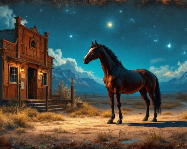 Majestic black horse in serene starlit landscape