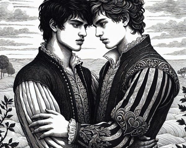 Young Men in Historical Garments Embracing in Nature