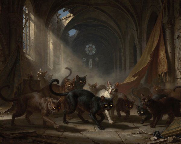 Cats in a Gothic Church with Ruins and Light Shafts