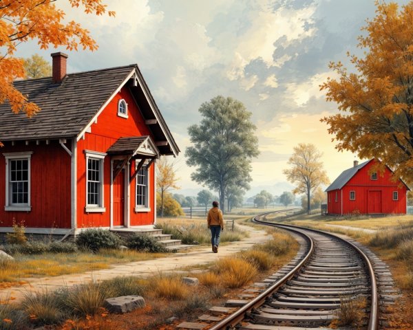 Autumn Landscape with Red House and Vibrant Trees