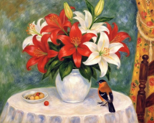 Vibrant Still Life with Lilies and Fruits on Table