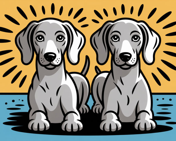 Cartoon Dogs with Gray Fur on Bright Yellow Background