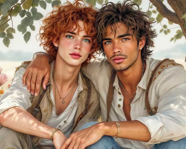 Two men seated under a tree in a flower-filled field