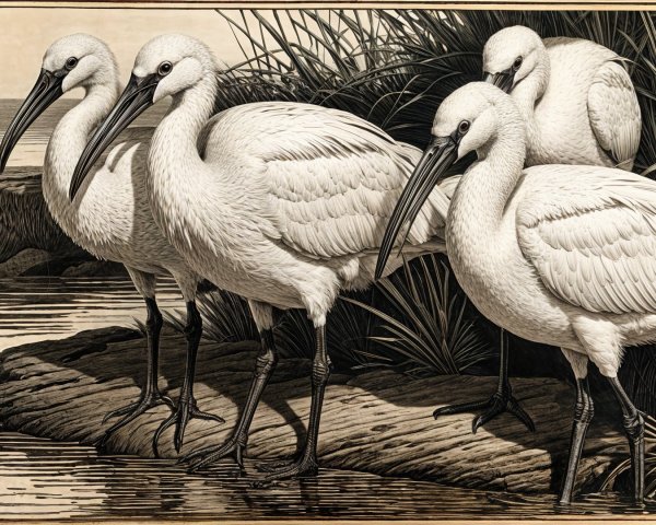 White Ibises on Rocky Shoreline with Greenery