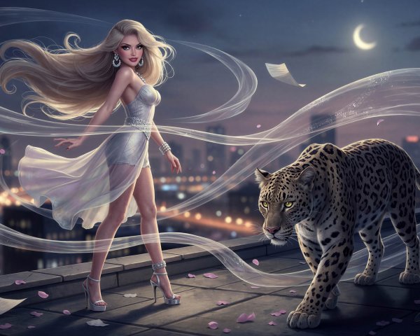 Digital painting of a woman in silver dress with leopard