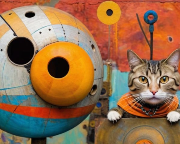 Curious Cat with Green Eyes and Abstract Sculpture