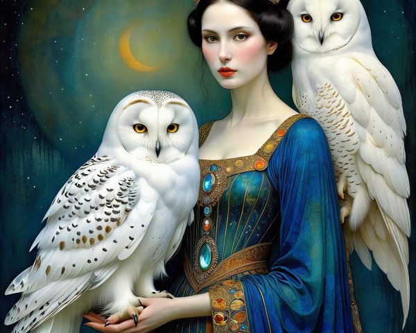 Close-up of a woman in blue dress with two owls