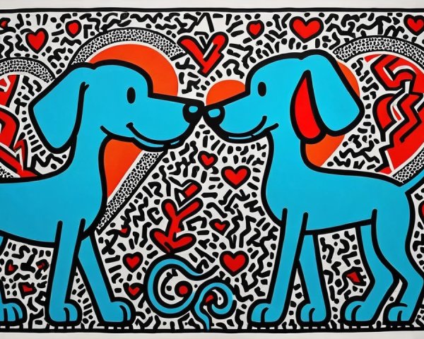 Cartoon Artwork of Two Blue Dogs with Hearts