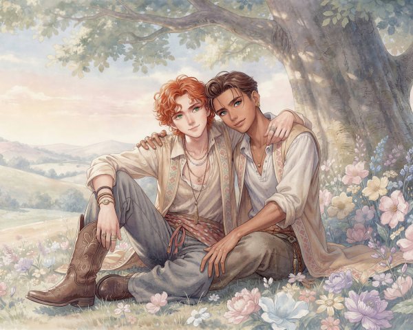 Anime Characters in Pastel Flower Field Under Tree