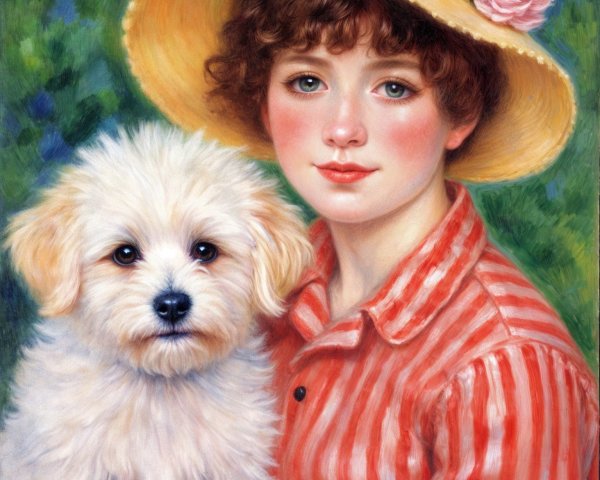 Young girl with puppy in a straw hat outdoors