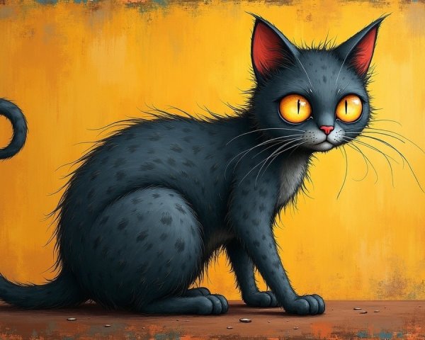 Whimsical Black Cat with Orange Eyes on Yellow Background