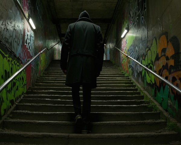 Mysterious Figure Ascending Dimly Lit Graffiti Staircase