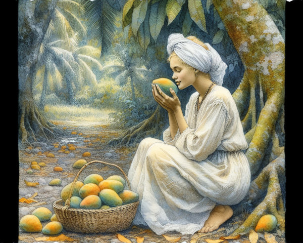 Serene Woman with Mangoes in Tropical Setting