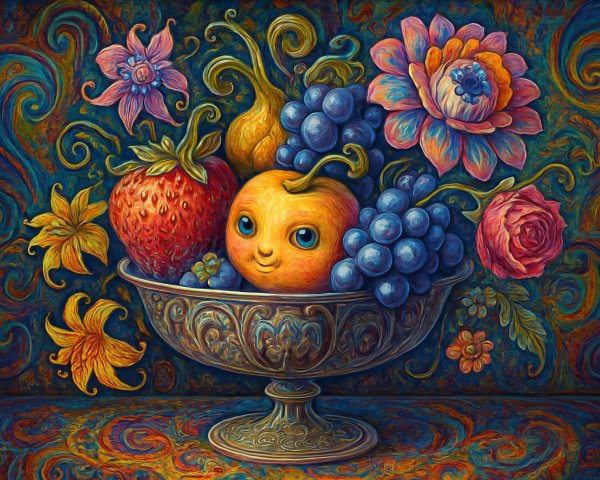 Surrealist Oil Painting of a Colorful Fruit Bowl
