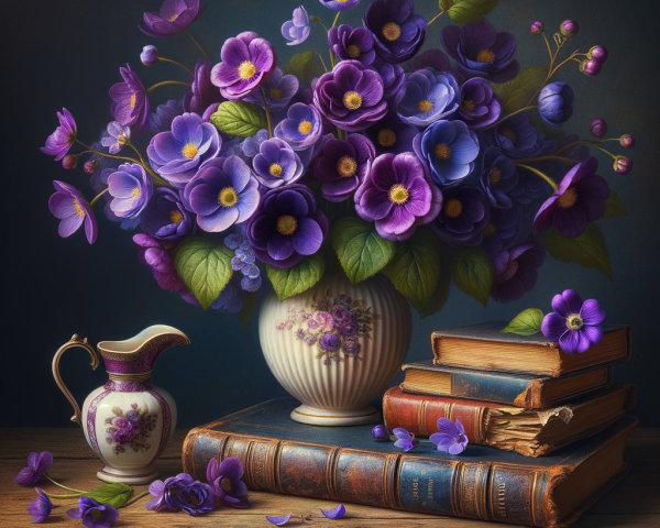 Purple Flowers in White Vase with Antique Books