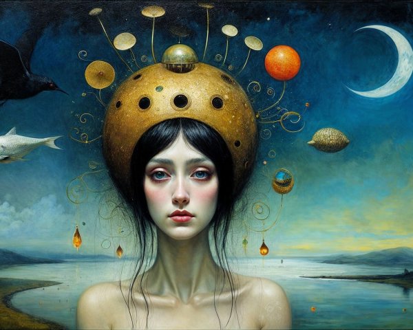 Young Woman with Celestial Headpiece in Twilight Scene