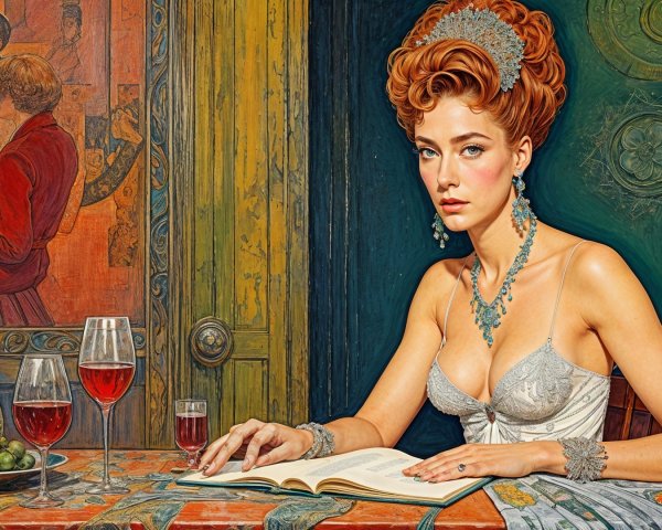 Elegant Woman at Decorated Table with Wine and Book